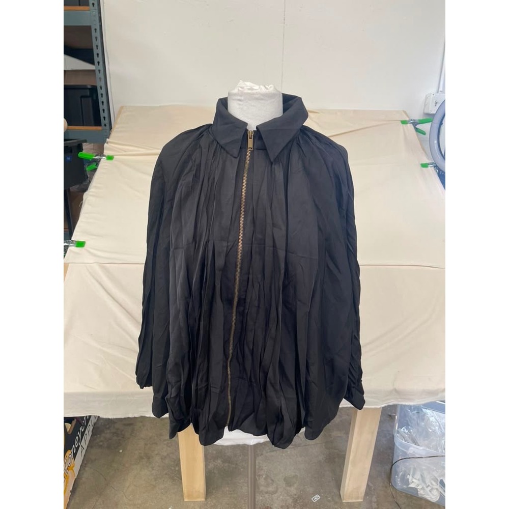 Womens Black Pleated Zip Up Cape Jacket Oversized Batwing Collar Coat Large